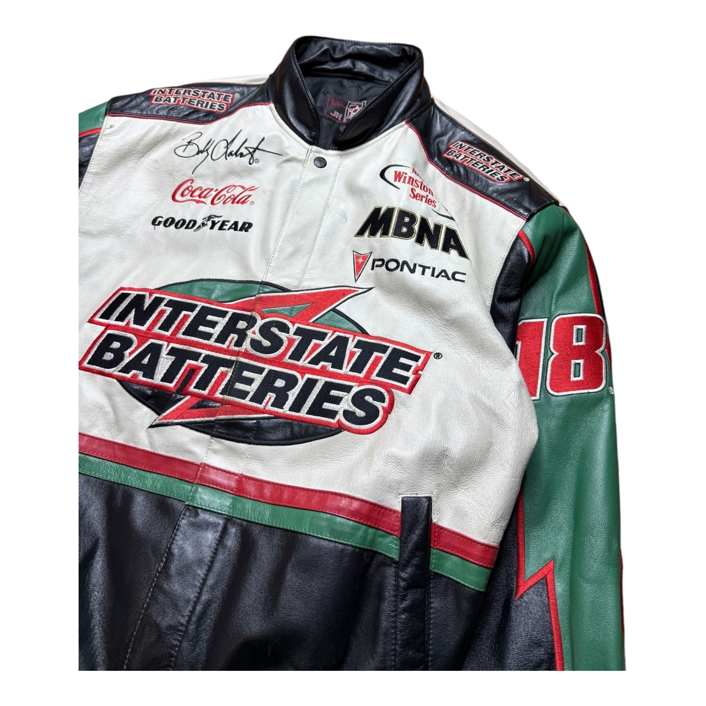 VINTAGE NASCAR BOBBY LABONTE INTERSTATE BATTERIES LEATHER RACING JACKET